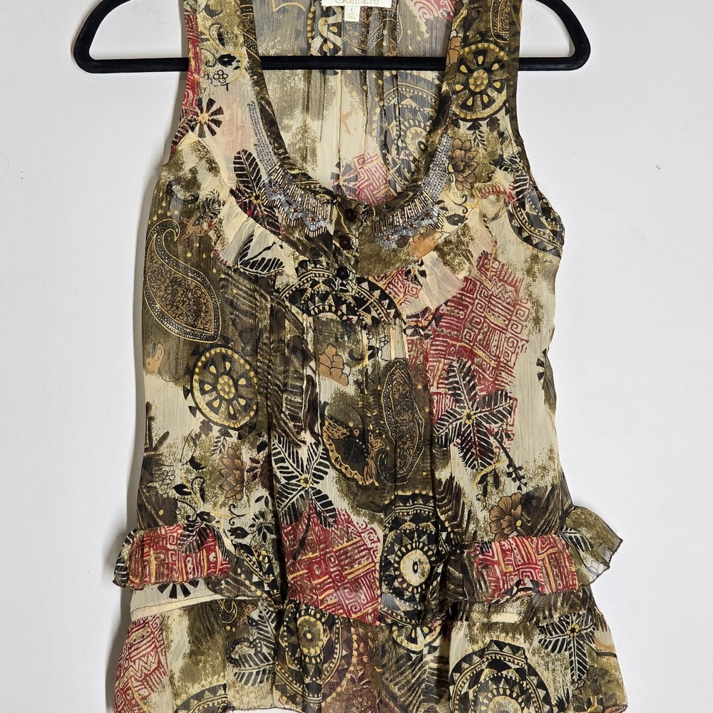Y2K Solitaire Boho‎ Beaded Floral Tank Ruffle Sleeveless  Womens L Whimsigoth